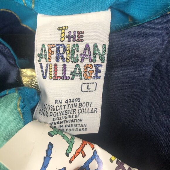 Vintage The African Village Tunic Womens Large Blue Gold Ethnic Tribal Artsy NEW - Picture 9 of 16